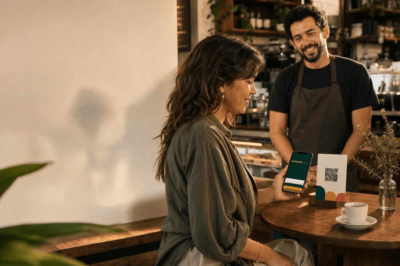 Cliente usando a Juntto em um café de bairro